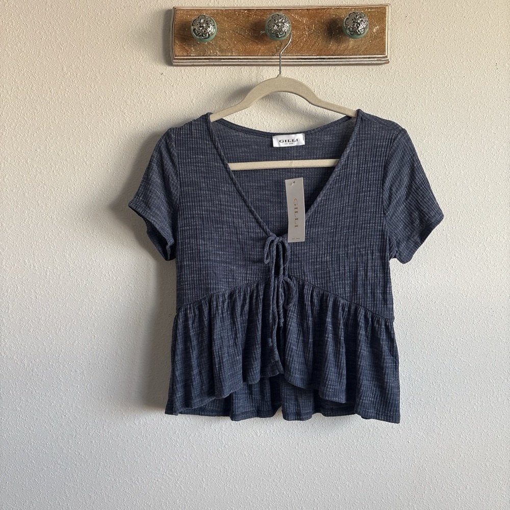 Gilli Navy Blue Ribbed Tie-Front Ruffle Peplum Top